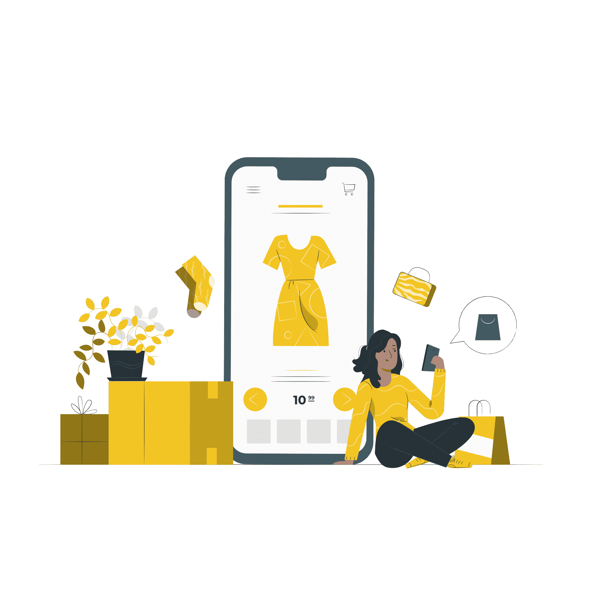 Femme assise par terre et appuyée sur un smartphone montrant une page produit d'une robe jaune